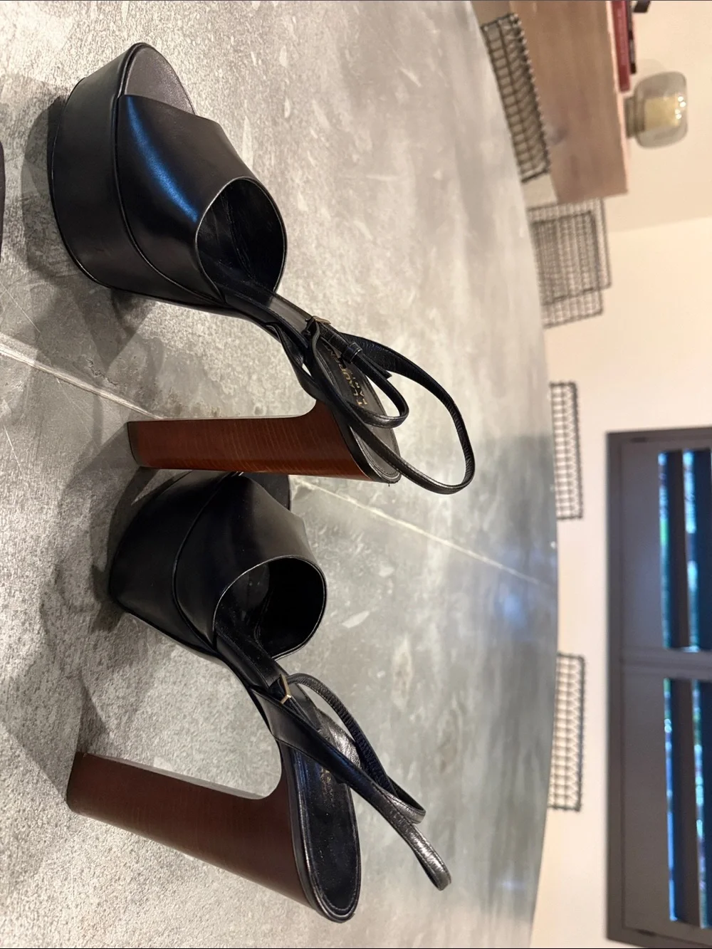 Saint Laurent Black Leather Platform Slingback Sandals with Brown Block Heel